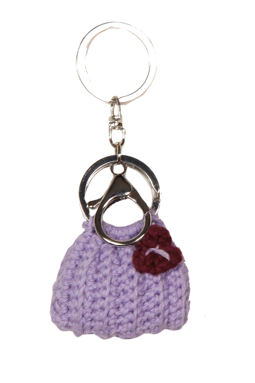 Sukeshcraft Handmade Crochet Mini Bag Keychain, Woolen Purse Shape Key Ring (Purple -Brown)