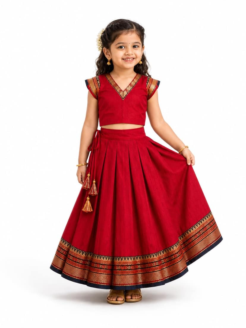Mom and Me Girls’ Lehenga Choli/Parker Polka/Pattu Pavadai (0 Months–6 Years) | Acrylic Cotton with Soft Cotton Lining | V-Neck, Short Puff Sleeves, Zipper Closure (Red, 3-4 Y)