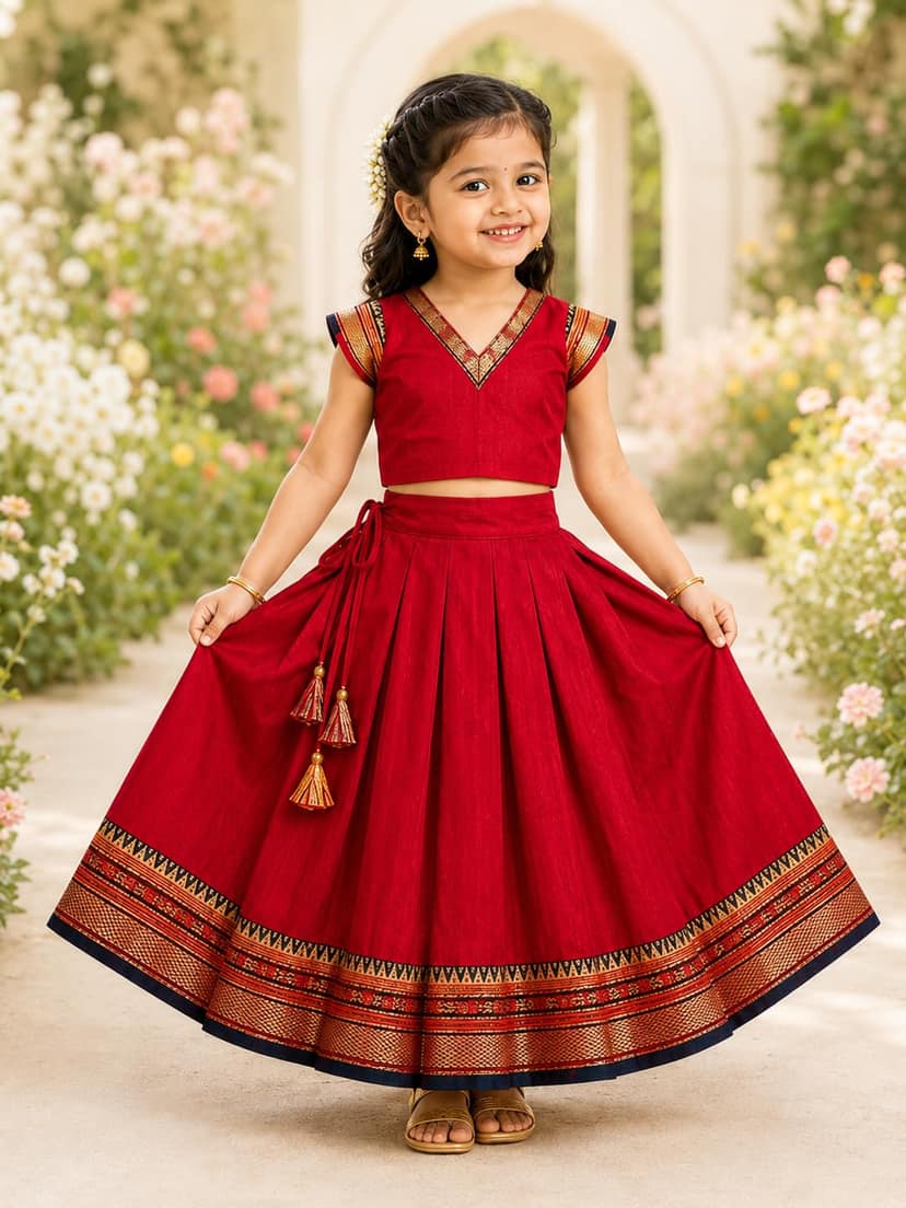 Mom and Me Girls’ Lehenga Choli/Parker Polka/Pattu Pavadai (0 Months–6 Years) | Acrylic Cotton with Soft Cotton Lining | V-Neck, Short Puff Sleeves, Zipper Closure (Red, 3-4 Y) view 2