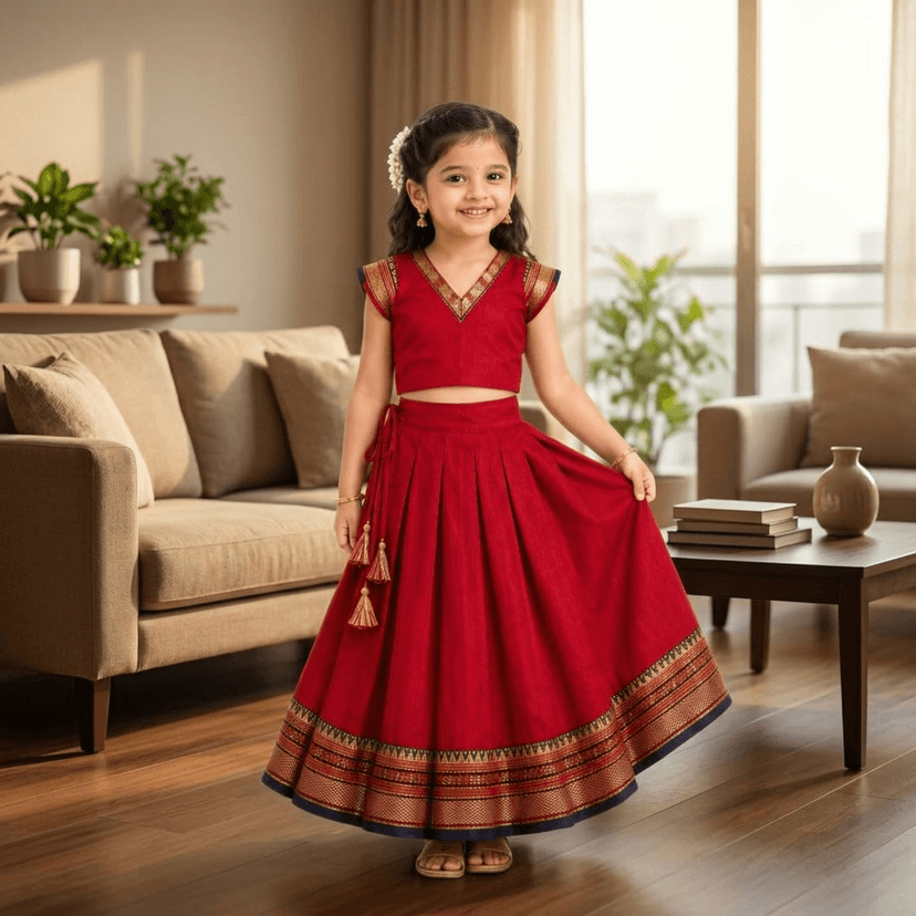 Mom and Me Girls’ Lehenga Choli/Parker Polka/Pattu Pavadai (0 Months–6 Years) | Acrylic Cotton with Soft Cotton Lining | V-Neck, Short Puff Sleeves, Zipper Closure (Red, 3-4 Y) view 3
