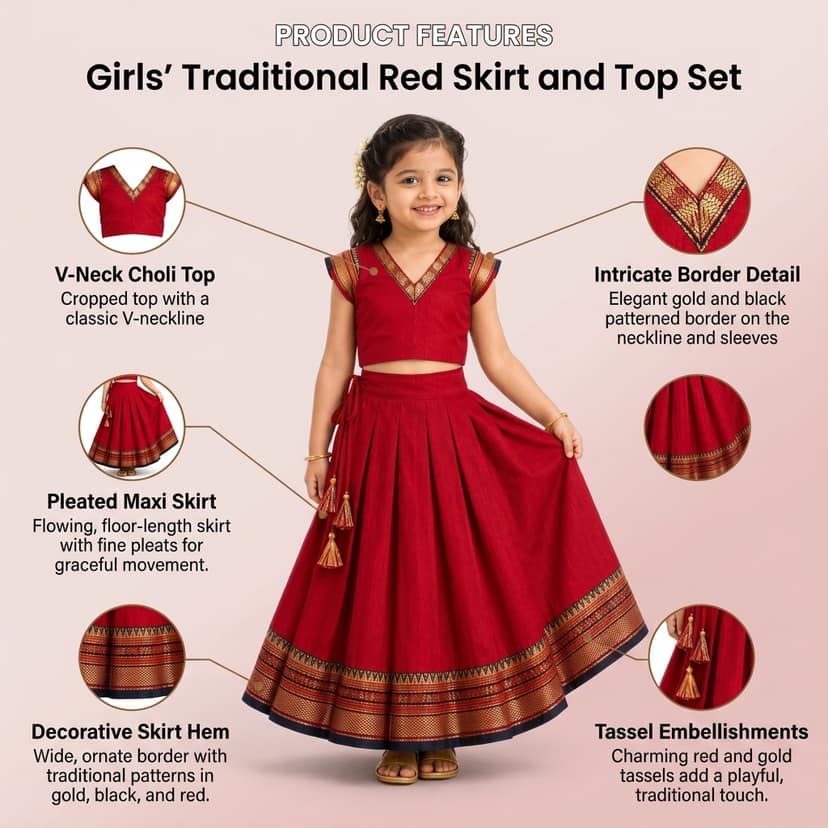 Mom and Me Girls’ Lehenga Choli/Parker Polka/Pattu Pavadai (0 Months–6 Years) | Acrylic Cotton with Soft Cotton Lining | V-Neck, Short Puff Sleeves, Zipper Closure (Red, 3-4 Y) view 4