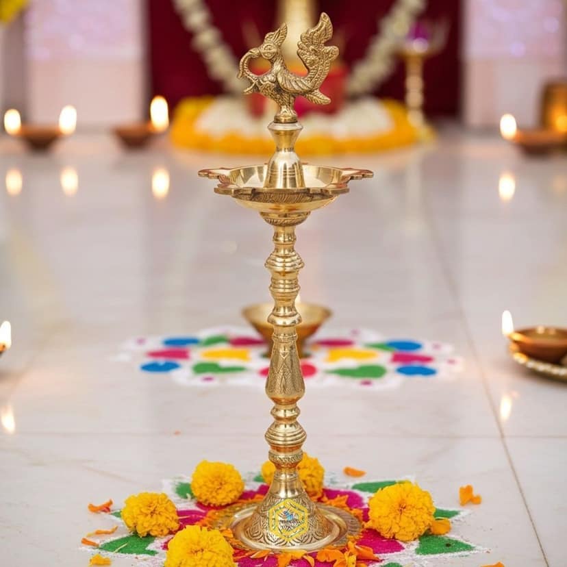 Brass Table Decor Mahabharat Oil Lamp, Deepak - Antique Brass Deepak for Worship, Height : 22.5 Inch (FMAS686 D)