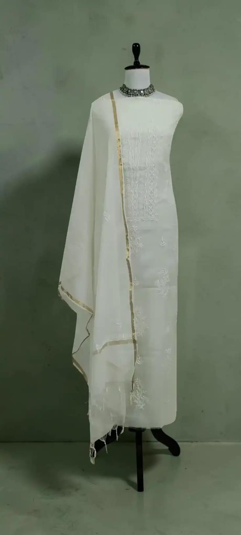 Lucknow Chikankari Mul Cotton Dress Material with Dupatta, White & Ivory