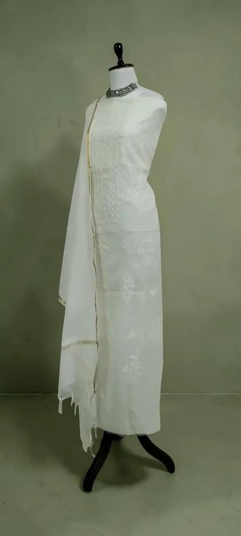 Lucknow Chikankari Mul Cotton Dress Material with Dupatta, White & Ivory view 2