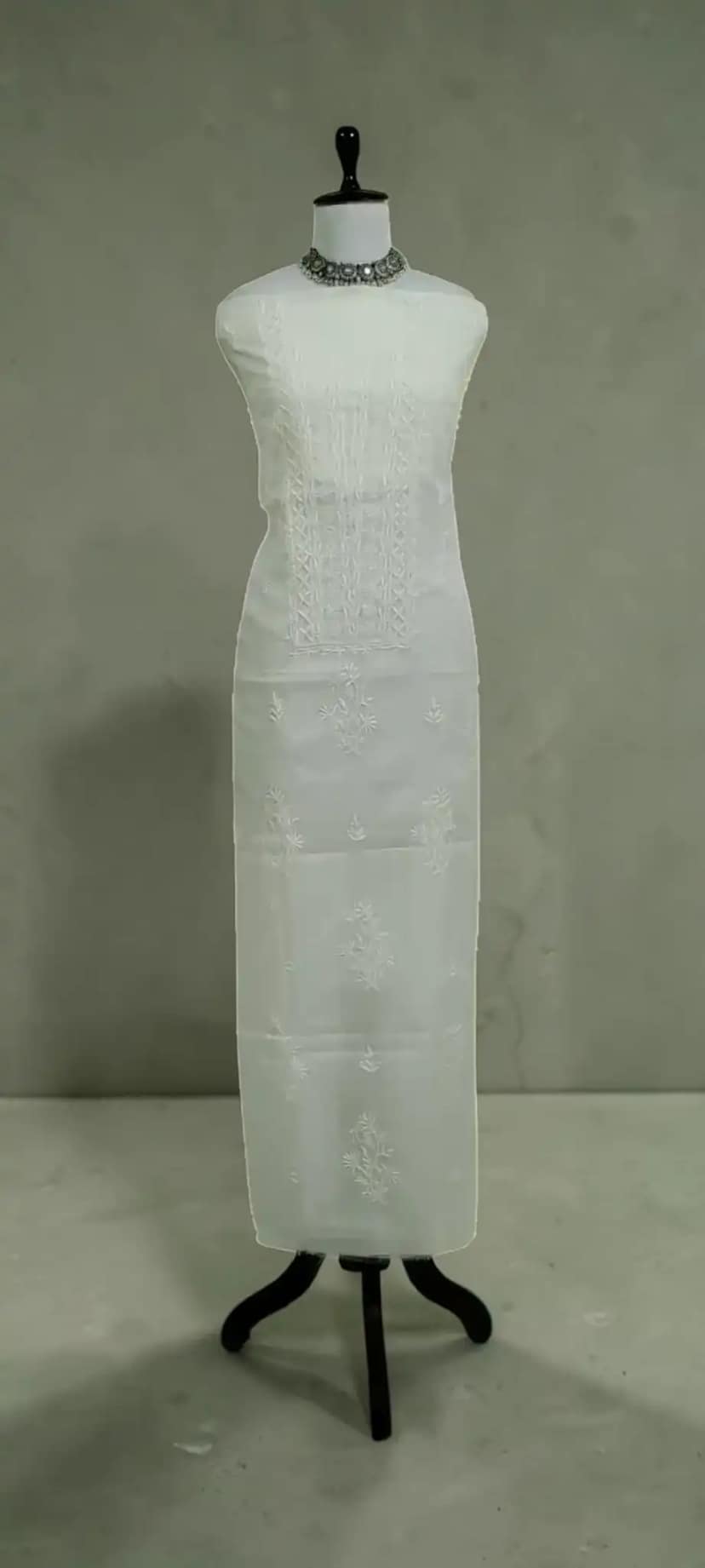 Lucknow Chikankari Mul Cotton Dress Material with Dupatta, White & Ivory view 3