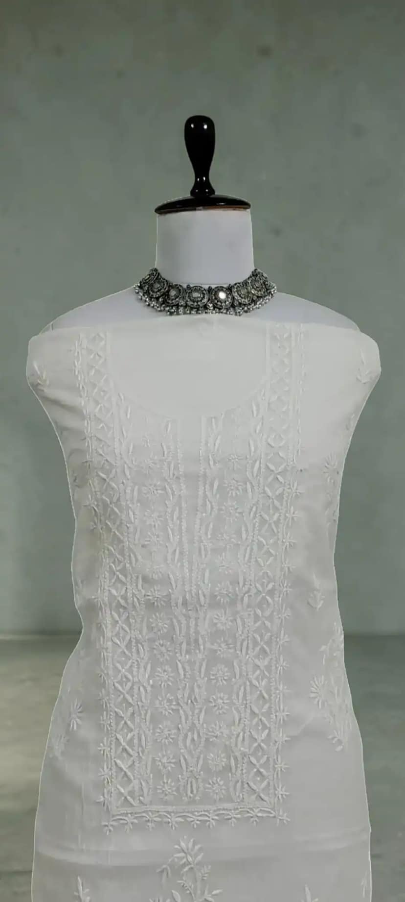 Lucknow Chikankari Mul Cotton Dress Material with Dupatta, White & Ivory view 4