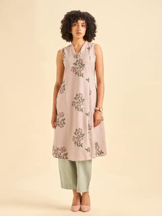 Onion Pink Cotton Flax Slub Sleeveless Kurta Set