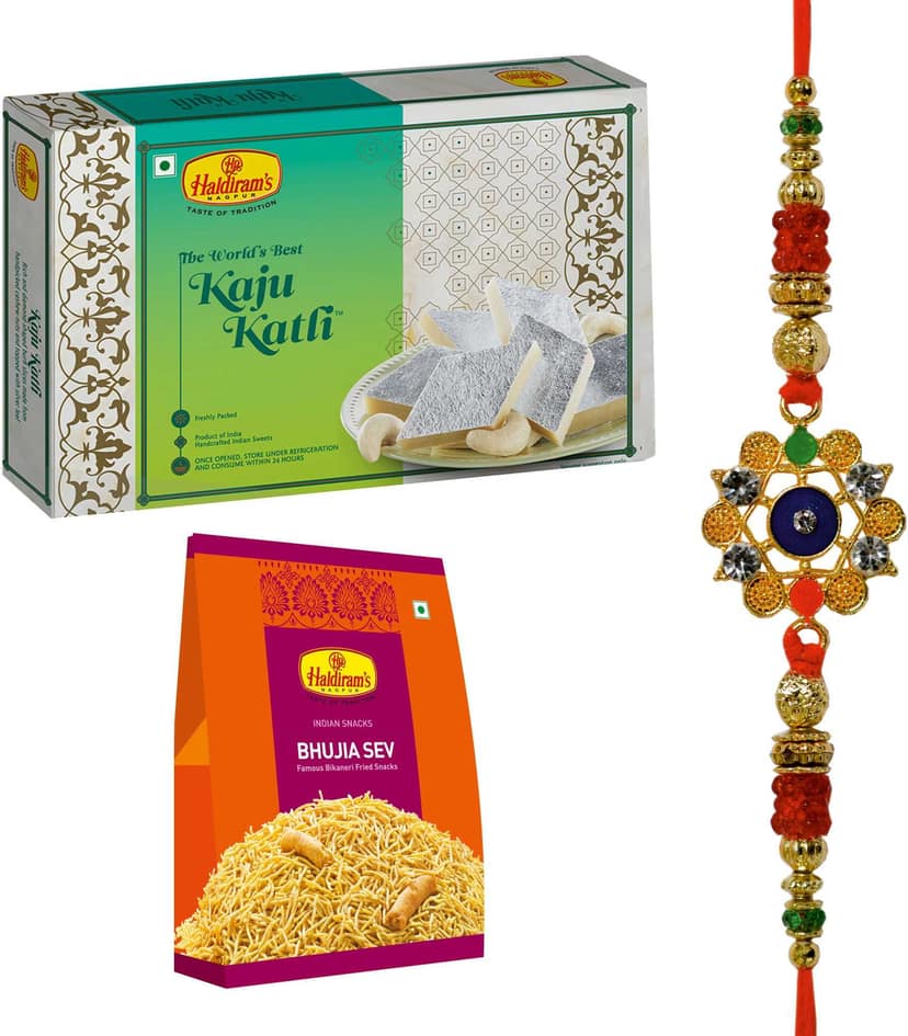 Haldiram's Nagpur Kaju Katli (500 g),Bhujia Sev(200 gm) With Premium Rakhi Assorted Gift Box (Multicolor)