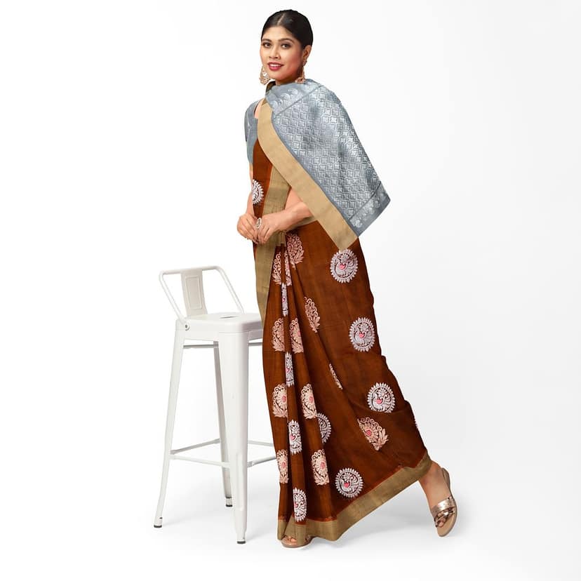 Cinnamon Brown Color Meena work Big Floral & Peacock Butta Pure Silk Saree view 2