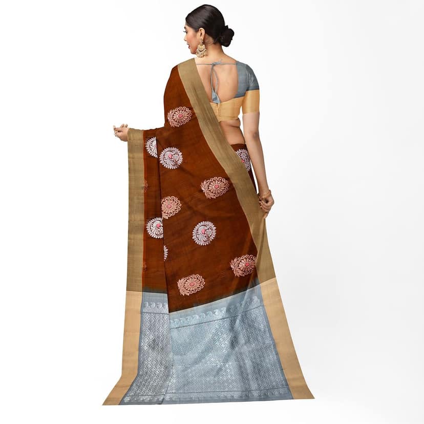 Cinnamon Brown Color Meena work Big Floral & Peacock Butta Pure Silk Saree view 3
