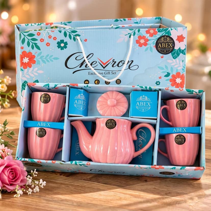 Ribbed Ceramic Tea Set with Teapot & 4 Cups for Serving and Gifting (1 Set)