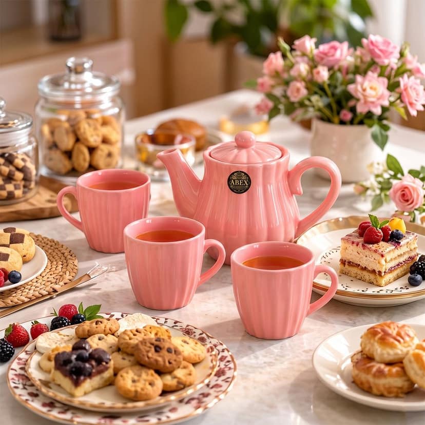 Ribbed Ceramic Tea Set with Teapot & 4 Cups for Serving and Gifting (1 Set) view 2