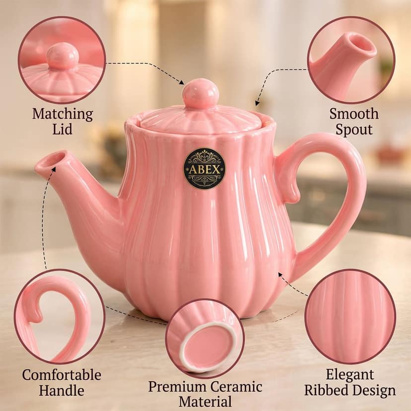 Ribbed Ceramic Tea Set with Teapot & 4 Cups for Serving and Gifting (1 Set) view 3