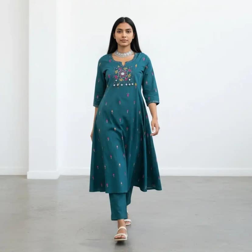 Handloom Cotton Co-Ord Set in Dark Teal with Mirror-Work Embroidery
