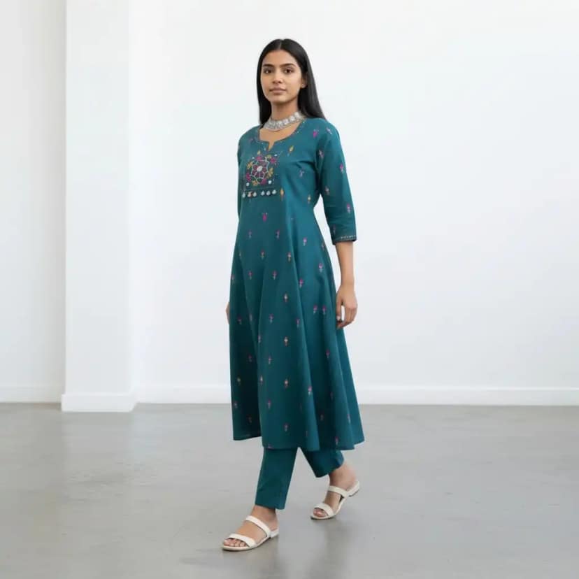Handloom Cotton Co-Ord Set in Dark Teal with Mirror-Work Embroidery view 2