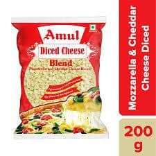 Amul Pizza Cheese Diced - Mozzarella & Cheddar Blend, 200 G Pouch