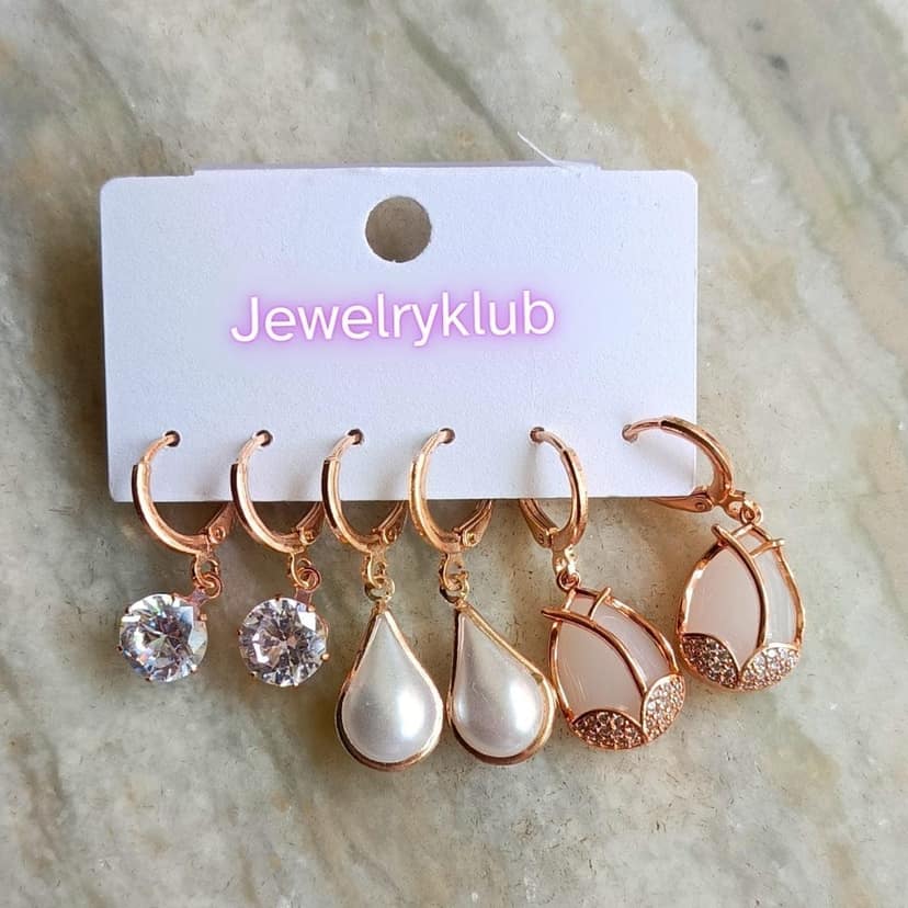 Jewelryklub Combo Of 3 Pairs Rose Gold Plated Zircon Studded AD Earrings For Girls Women Design 8 view 4
