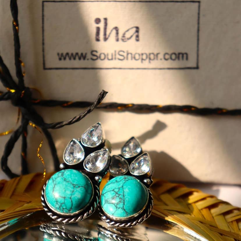iha Vintage Ferozi Oxidized Earrings | Cluster Earrings|Fashion Jewellery|Handcrafted|Designer Earrings for Women and Girls view 3