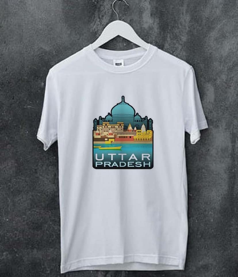 Uttar Pradesh Printed White Round Neck Half Sleeves Polyester T-Shirt for Men | Blood Moon Brand | Cool UP Graphic Tee | Trendy Casual Wear for Boys & Men