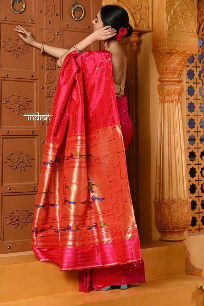 Shubh~ Premium! Handloom Pure Silk Triple Muniya Border with Peacock Pallu in Rani Pink view 2
