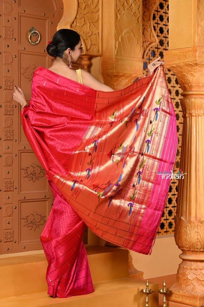 Shubh~ Premium! Handloom Pure Silk Triple Muniya Border with Peacock Pallu in Rani Pink view 3