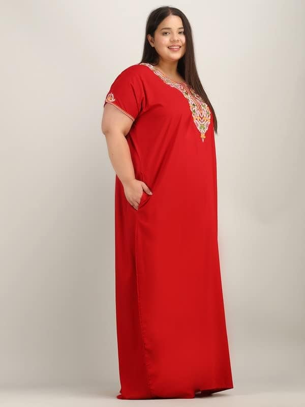 KOI SLEEPWEAR Women's Short Sleeves Lissybissy Full Length Maxi/Nighty Nightgown with Beautiful Floral Embroidery (Red, 2XL/3XL) view 3