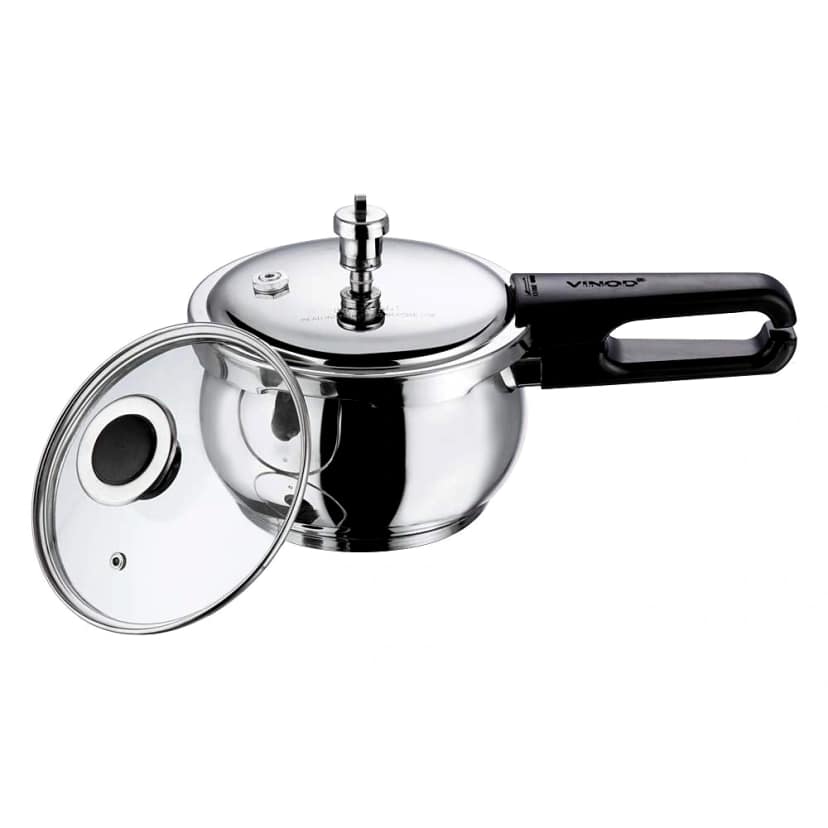 Vinod 18/8 Stainless Steel Splendid Plus Pressure Cooker (Induction Friendly) | Premium Outer Lid Pressure Cooker with Glass Lid (Capacity - 1.5ltr) by Mahavir Home Store
