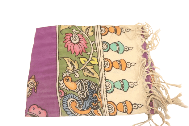 Hand painted Madhubani cotton silk dupatta with parrots and floral motifs view 2