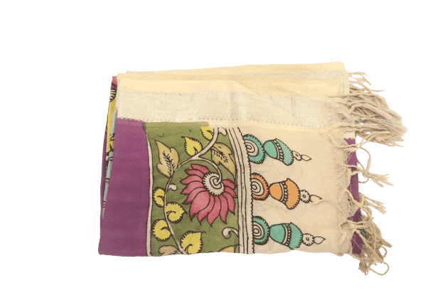 Hand painted Madhubani cotton silk dupatta with parrots and floral motifs view 3