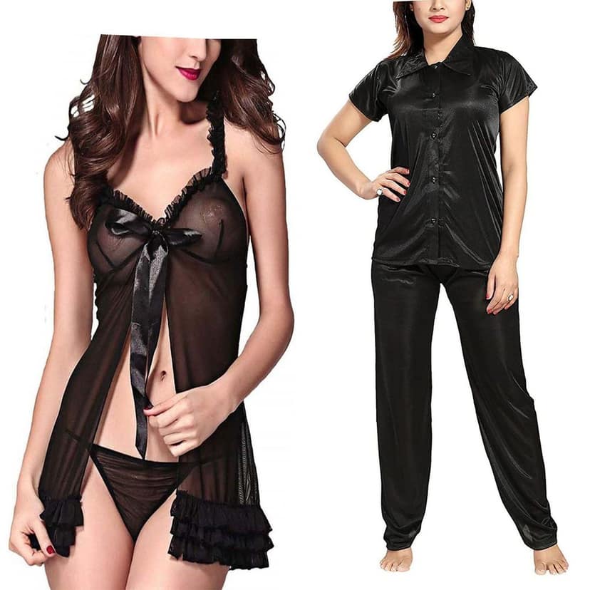 Babydoll Nightdress with panty Collar NightSuit women Girls Combo Pack of 2
