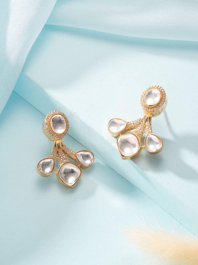 Gold Plated Uncut Polki Mossanite Minimal Floral Studds Earrings view 3