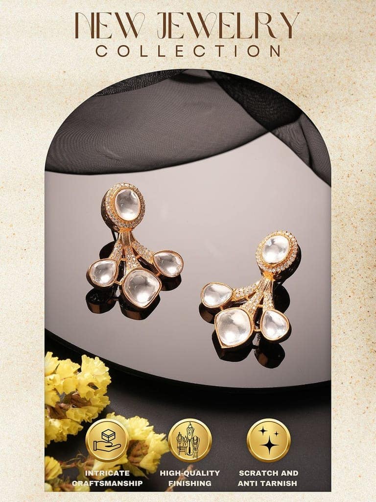 Gold Plated Uncut Polki Mossanite Minimal Floral Studds Earrings view 8