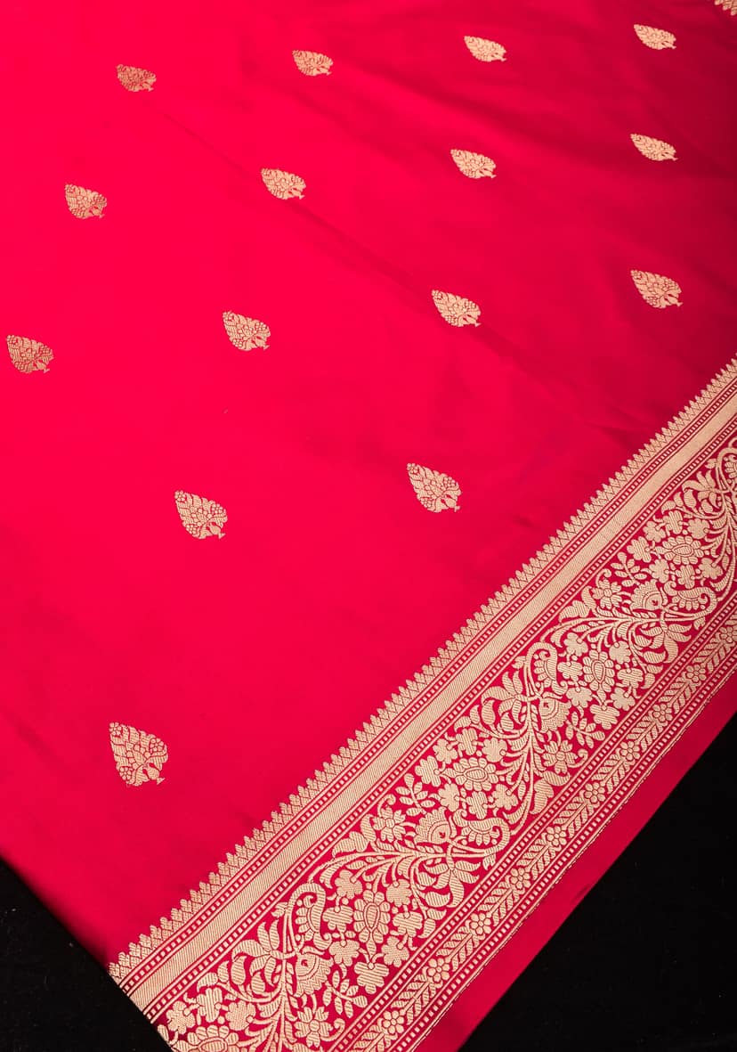 Pre-order Red Banarasi Mashru Silk Saree with Damask Buttas and Zari Border | SILK MARK CERTIFIED view 4