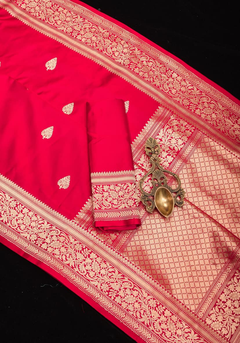Pre-order Red Banarasi Mashru Silk Saree with Damask Buttas and Zari Border | SILK MARK CERTIFIED view 9