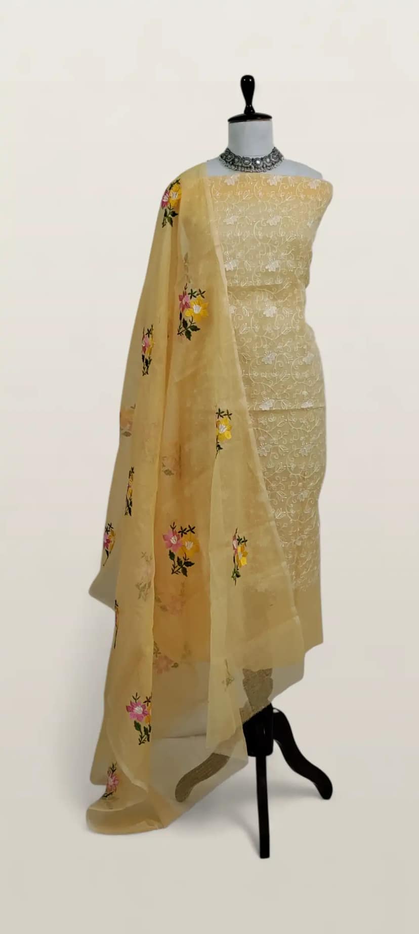Kota Doria Dress Material Pale Biscuit Floral Jaal