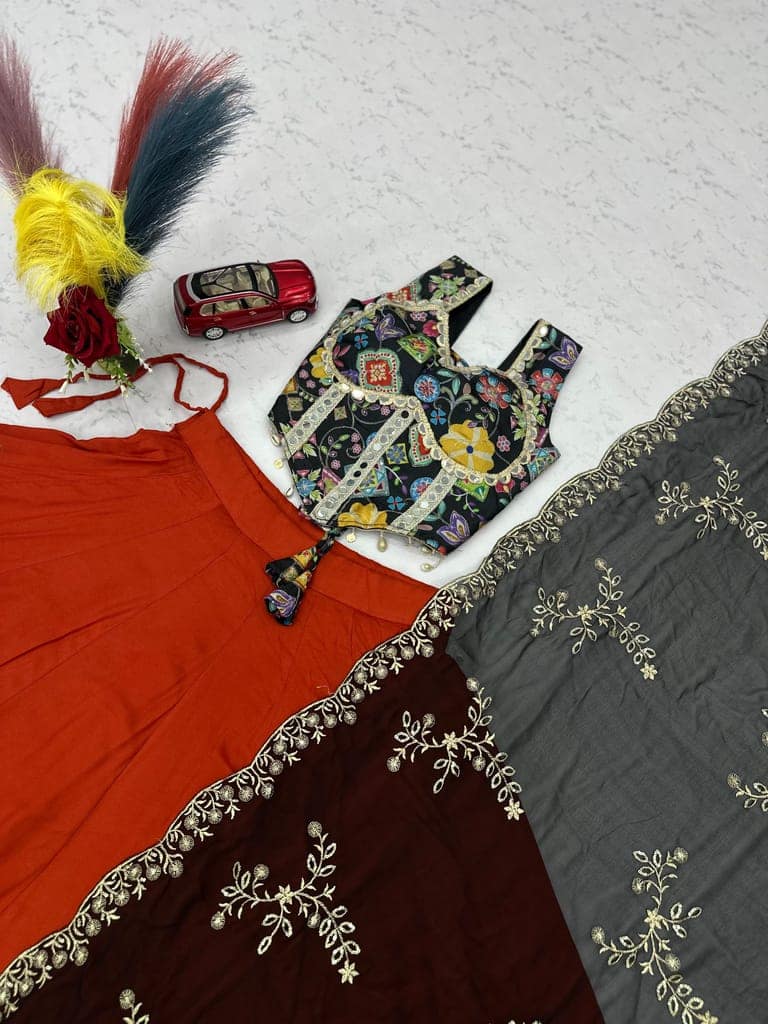 Red-Orange Festival Wear Lehenga Choli with 6-Meter Big Flair & Mirror Borders view 10
