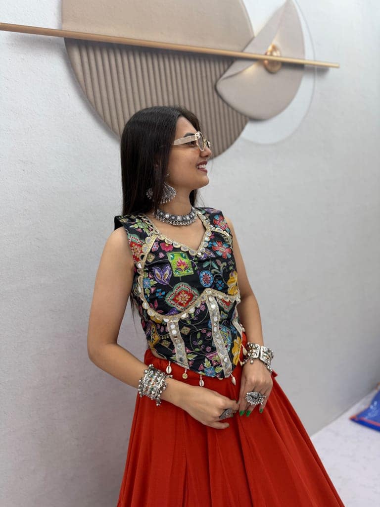 Red-Orange Festival Wear Lehenga Choli with 6-Meter Big Flair & Mirror Borders view 4