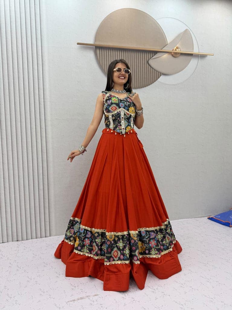 Red-Orange Festival Wear Lehenga Choli with 6-Meter Big Flair & Mirror Borders view 6