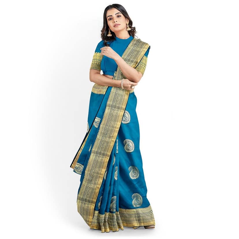 Blue Color Big Mango Butta Saree with Unstitched Blouse view 2