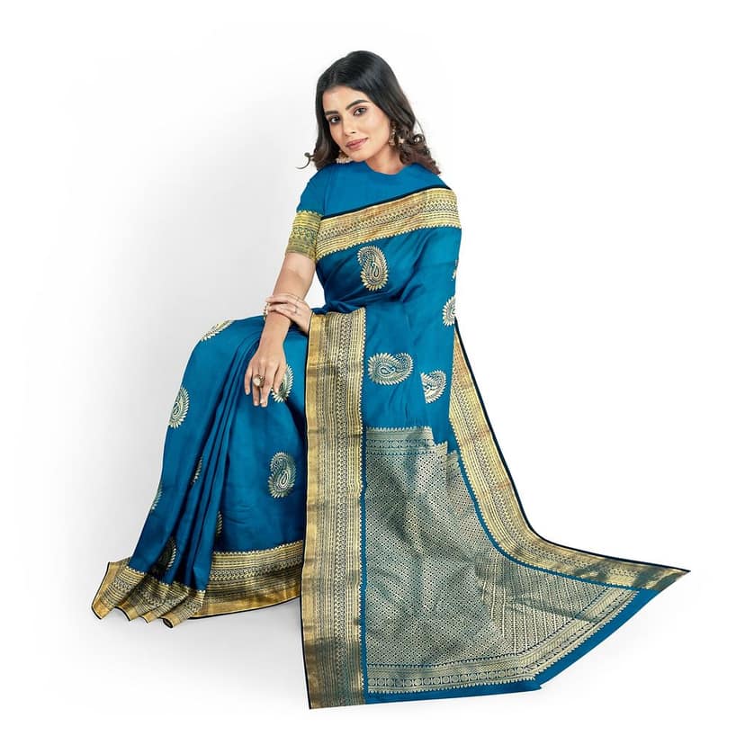Blue Color Big Mango Butta Saree with Unstitched Blouse view 3