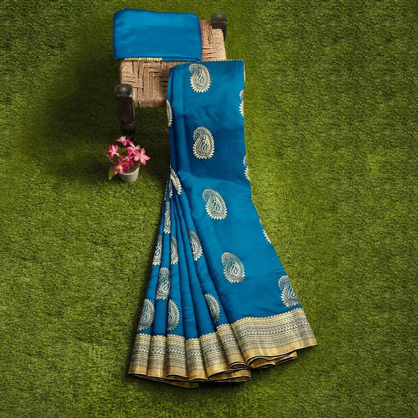 Blue Color Big Mango Butta Saree with Unstitched Blouse view 5
