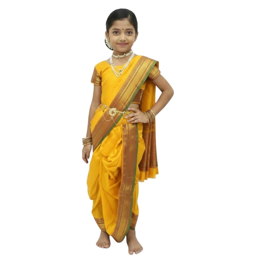 Mom and Me Peshwai Nauwari Saree for Kids (1–10 Years) Ready to Wear Maharashtrian Traditional Dress | Belgaon Silk with Cotton Lining | Stitched Blouse Included (Yellow, 4-5 Yeras)