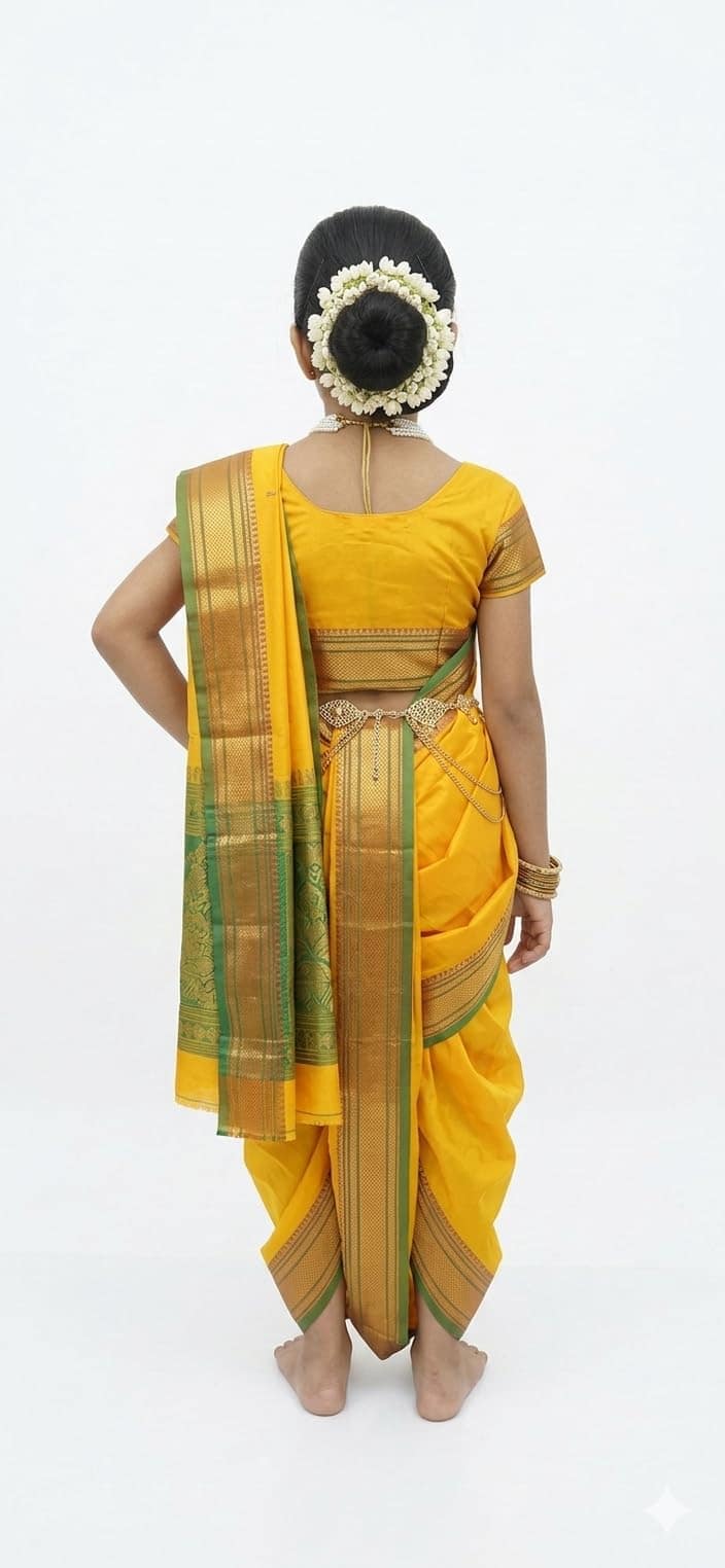 Mom and Me Peshwai Nauwari Saree for Kids (1–10 Years) Ready to Wear Maharashtrian Traditional Dress | Belgaon Silk with Cotton Lining | Stitched Blouse Included (Yellow, 4-5 Yeras) view 2