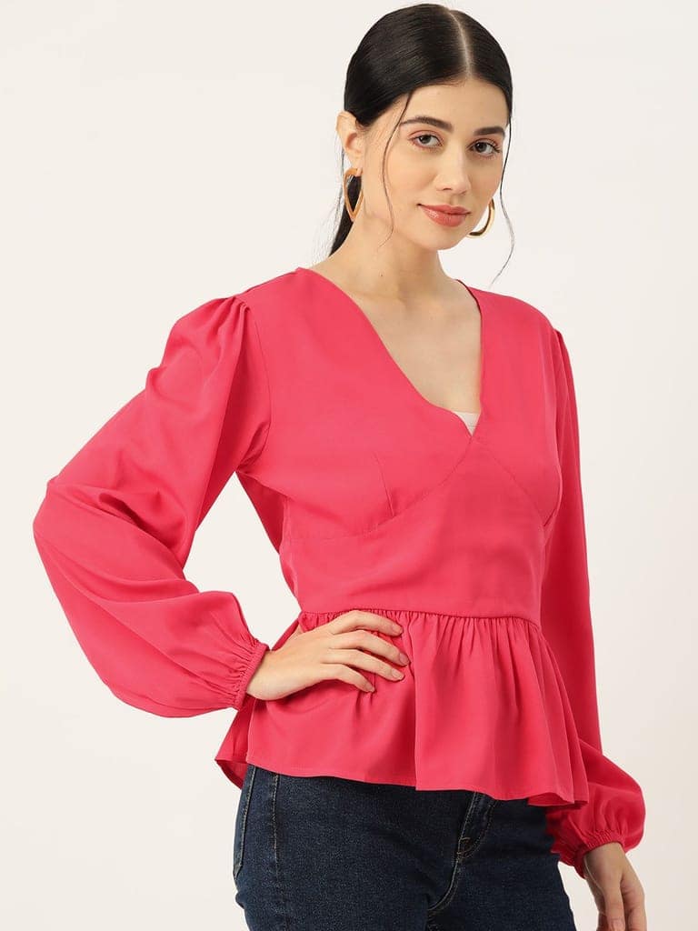 Coral Solid Puff Sleeve Crepe Peplum Top view 3