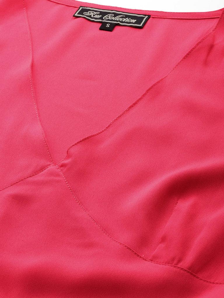 Coral Solid Puff Sleeve Crepe Peplum Top view 5