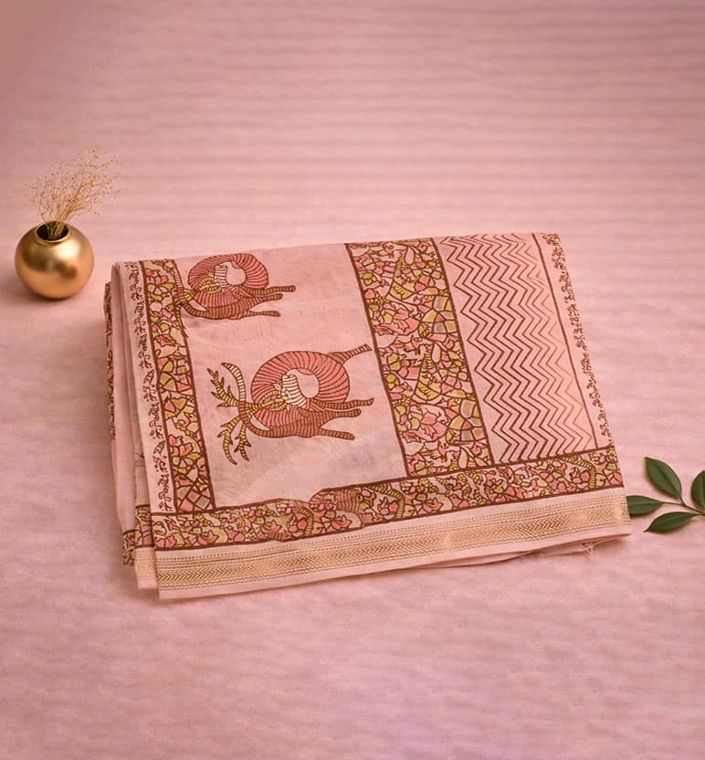 Gond Art Block Print Maheshwari Saree – Heritage Tribal Motif