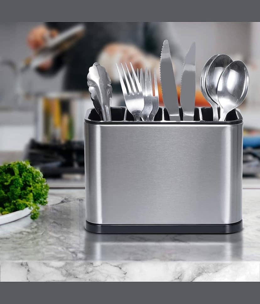 Stainless Steel Kitchen Sink Cutlery Holder –Utensil Caddy with Sponge Storage & Chopstick Cage – Flatware Organizer for Countertop, Draining Rack, Rust-Resistant, Space-Saving Design