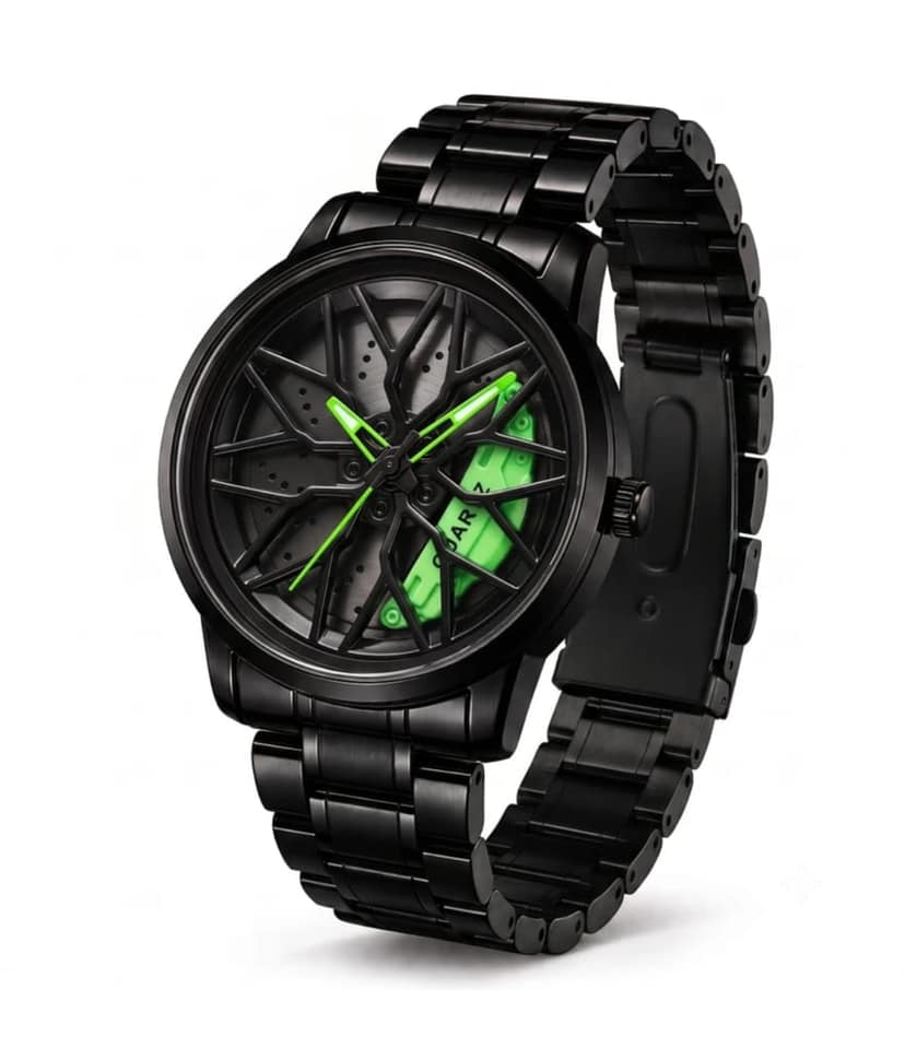 Green Wheel Rim Watch - Car Alloy Wheel Sports Wristwatch with Rotating Dial