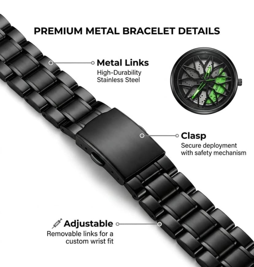 Green Wheel Rim Watch - Car Alloy Wheel Sports Wristwatch with Rotating Dial view 2