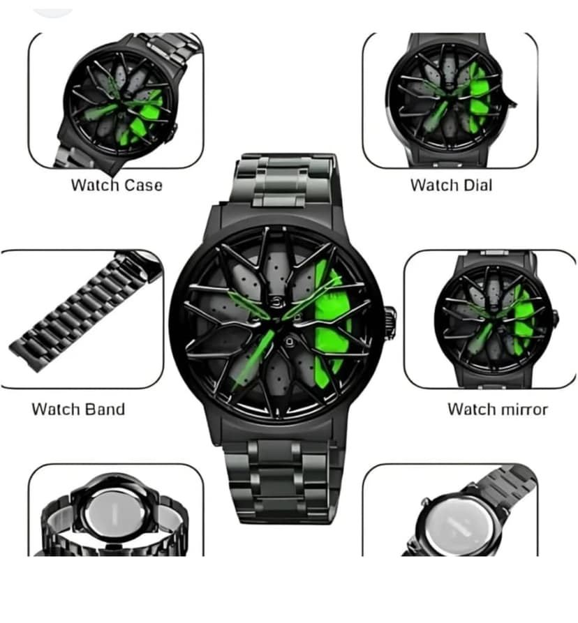 Green Wheel Rim Watch - Car Alloy Wheel Sports Wristwatch with Rotating Dial view 3